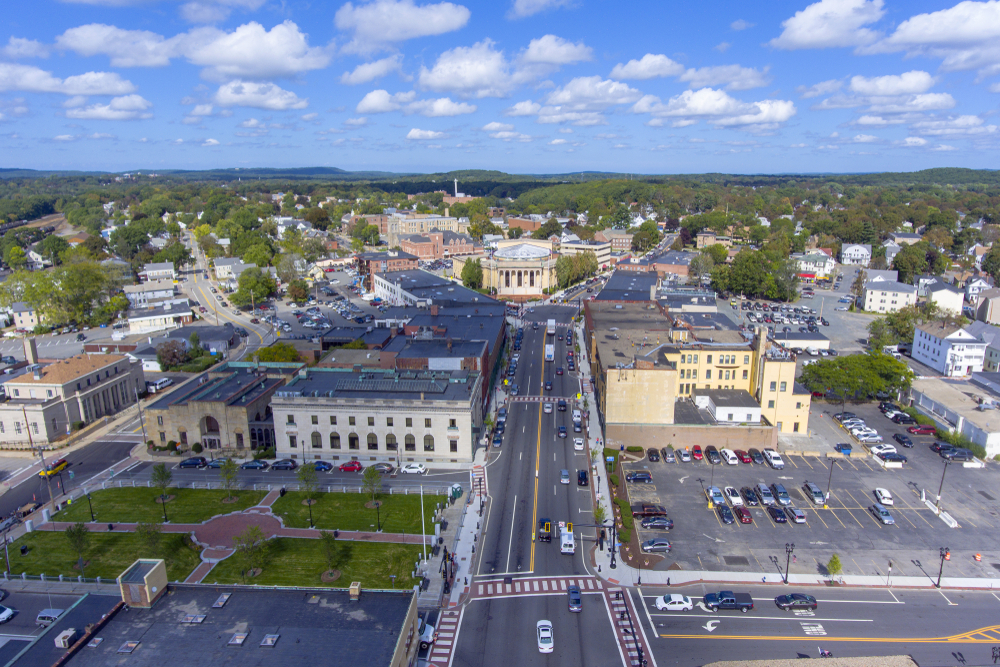 An aerial view of downtown Framingham, MA